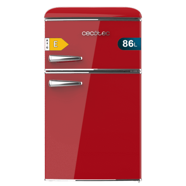 Bolero CoolMarket 2D Origin 86 Red E Mini frigorífico retro de dos puertas rojo de 89,3cm de alto y 48,7 de ancho con capacidad de 86L, clase energética E, LED interior y tirador cromado.