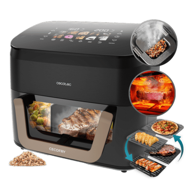 Cecofry&Grill Smokin' 11000 Freidora de aire con triple grill en la parte superior e inferior para dorado perfecto y sabor de parrilla en carnes, ahumador, capacidad de 11 litros, potencia de 2900 W para platos saludables y pared divisoria móvil para optar entre dos cestillos con temperatura dual o convertirse en una sola cubeta.